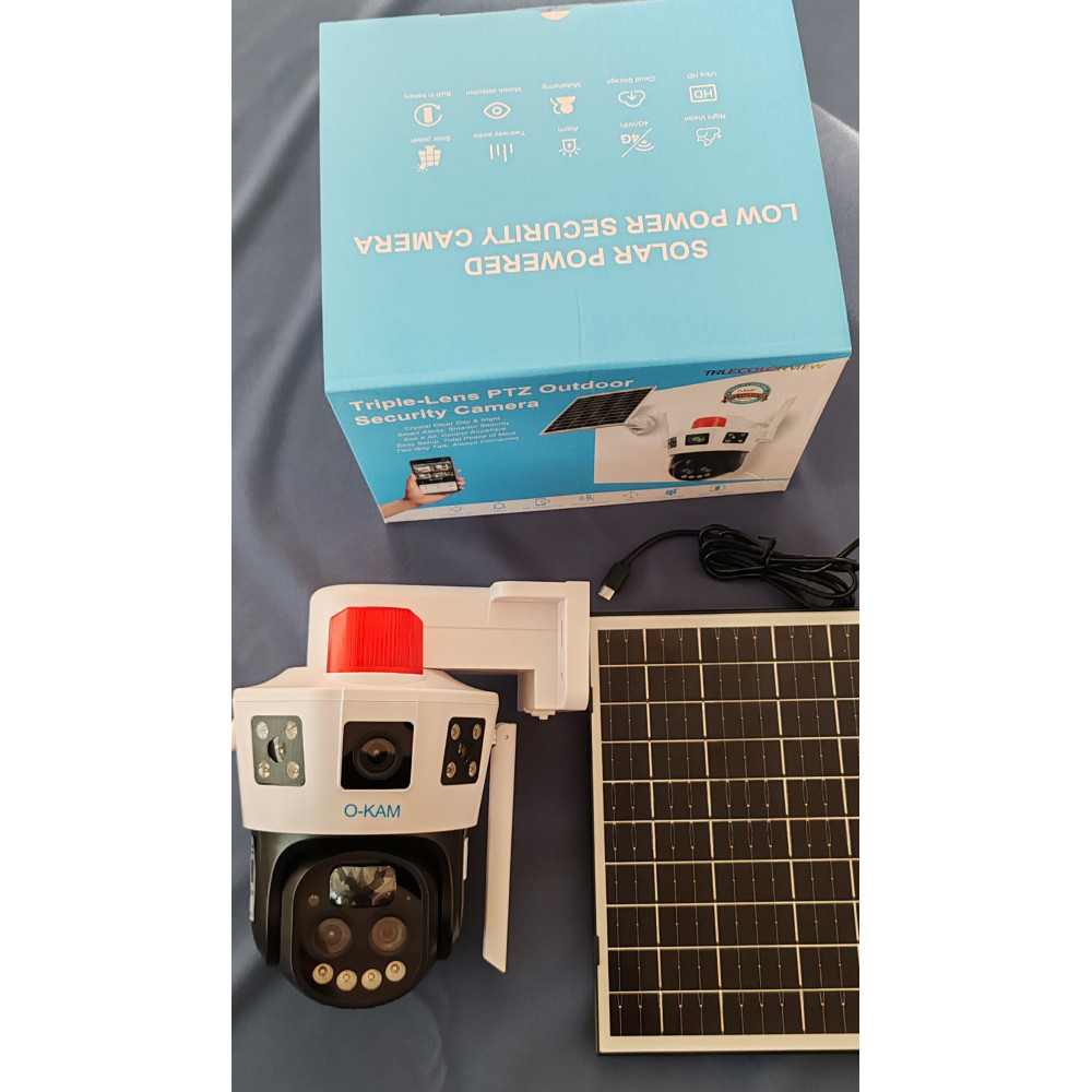 O-kam 7050 Solar Wifi Güneş Panelli Kablosuz Çift Lens 10x Optik Zoom 9MP Gece Görüşlü Güvenlik Kamerası